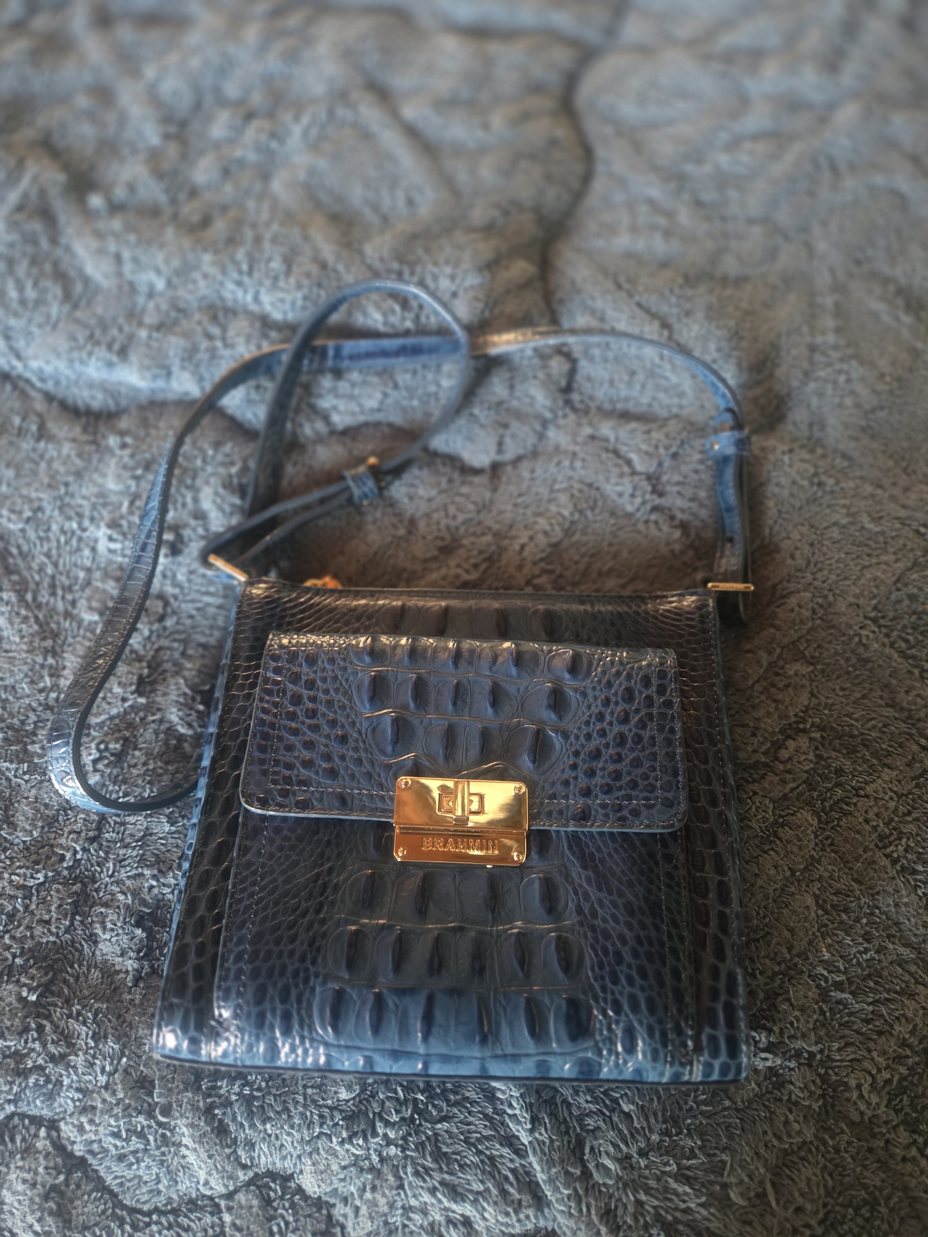 Brahmin Navy Croc-Embossed Leather Crossbody With Gold Hardware